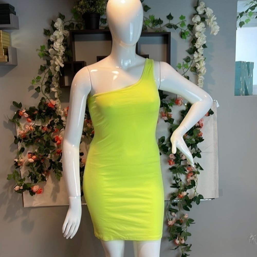 Ribbed One Shoulder Bodycon Mini Dress Neon Yellow Size M